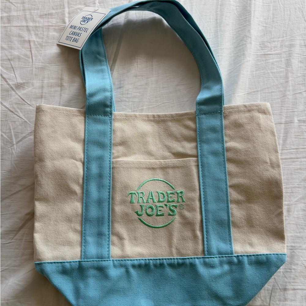 Trader Joes Mini Blue and Cream Tote Bag